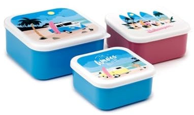 Puckator VW Volkswagen T1 Camper Bus The Waves are Calling Set of 3 Lunch Box Snack Storage M/L/XL - Lunchbox with Multi Compartments - Small Food Containers - Lunchbox for Adults and Kids Girls Boys