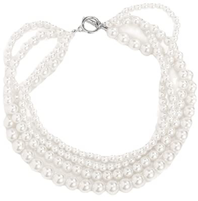 fdsmall Perlenhalsband für Frauen Mehrschichtige Perlenhalsbänder 20er Jahre Flapper Halskette für Party - Weiß 4 Reihen