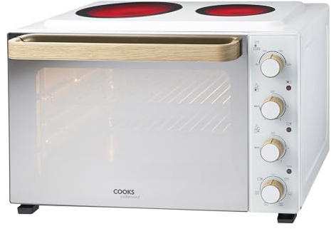 Cooks Professional Mini Portable Oven with Ceramic Hobs | Energy Efficient Electric Countertop Cooker with Two Hot Plates & Wire Rack Baking Tray | Kitchen Grill Ovens | 48L Capacity | White Nordic