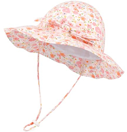Jupsk Toddler Summer Sun Hat, Baby Girls Sun Hat Wide Brim Children's Bucket Hats with Adjustable Straps Flower Print Outdoor Visor Hats Pink