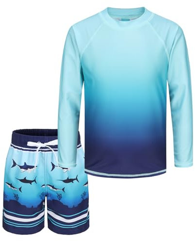 Aisyee UV Badeset Jungen Schwimmshirt Jungen Zweiteilig Langarm Badeshirt Kinder Boardshorts Badeanzug Set 146 152/11-12 Jahre