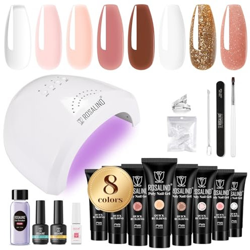 ROSALIND Kit Uñas de Gel, 8 Colores 10ml Gel Extensión de Uñas Kit Completo, con 48W UV Lámpara, Base & Top Coat, Herramientas de Manicura, Nail Art Poligel Kit para Principiantes,Profesionales