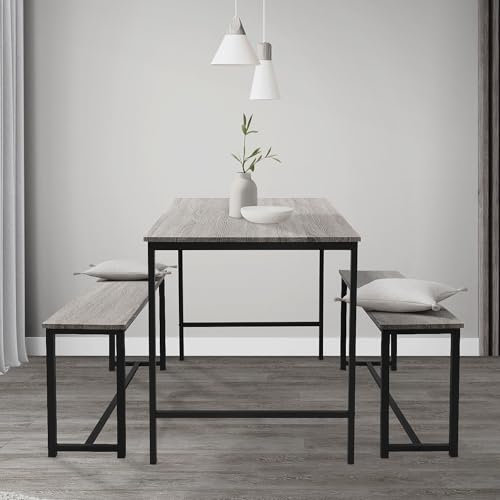 ML-Design Esstisch Set 3-teilig, Eiche-Grau, Esszimmer Set mit Tisch und 2 Bänken, Essgruppe für 4 Personen, Sitzgruppe Küchentisch Metallrahmen, Bartisch Set, Esszimmergruppe für Küche und Esszimmer