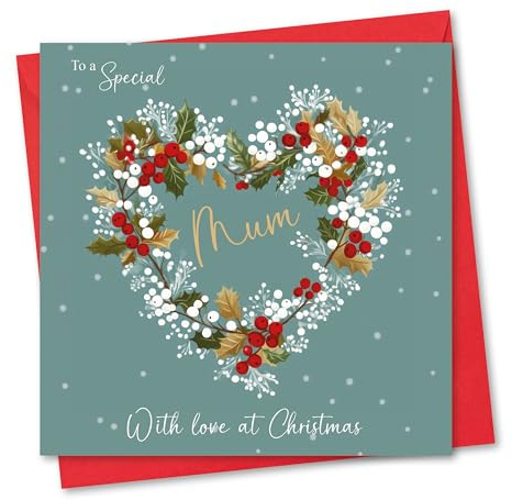 Christmas Card for Mum. Green Wreath Design. Verse Inside. 150x150mm card size. Ecofriendly and Made in U.K.
