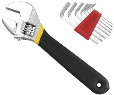 JRSHIRLEYLTD Llave inglesa ajustable de 200 mm, llave inglesa ajustable de acero al cromo vanadio (máx. 24 mm de ancho de boca) con juego de llaves hexagonales