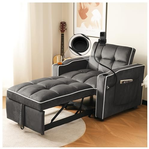 Sofá cama individual extensible 3 en 1, con portavasos y soporte para teléfono móvil, sofá reclinable, sillón cama, sillón cama individual, perfecto para espacios pequeños, 83 x 167 x 76 cm, gris