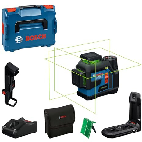 Bosch Professional line Laser GLL 12V-100-33 CG (3 x 360° Green Laser, Working Range 100 m (Radius) with Receiver, IP 65, Levelling Remote App, LB 10, DK 20, GBA 12V 2.0Ah, GAL 12V-40, Pouch, L-Boxx)