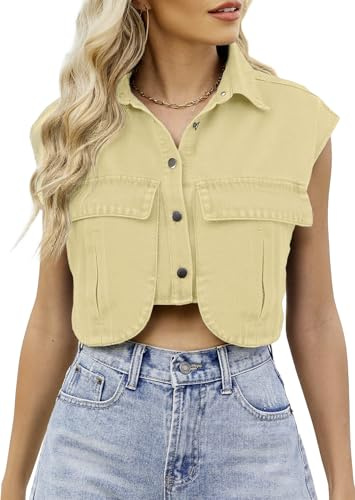 Adigau Dam jeansväst sommar denim väst ärmlös jeansjacka med fickor kort denim jacka lätt sommarjacka lockig polotröja fritidsvästar streetwear, kaki, S