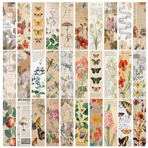 JSRQT 30 Pezzi Segnalibri di Carta Vintage, Fiore Farfalla Segnalibri in Cartone Bifacciali per Amanti Libri, Estetica Retrò Clip di Pagina per Donne Uomini Bambini, Scuola Ufficio, Regalo di Lettura