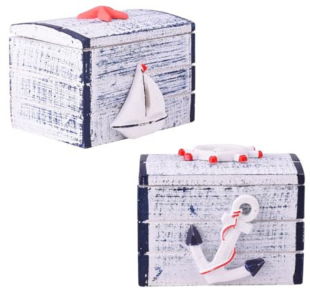 Qaixwuyi 2 Stück Mini-Holzkiste Hölzerne Schatztruhe Kleine Aufbewahrungsbox Nautische Dekoration Mediterranen Stil Schmuck Pralinenschachtel für Hochzeit Party Gefallen Leckereien Candy