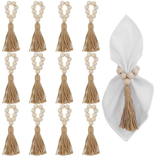 Napkin Ring Set of 12, Wood Bead Napkins Rings for Table Decor, Boho Wooden Napkin Ring with Tassels, Napkins Rings for Christmas, Easter, Wedding, Home Table Decoration