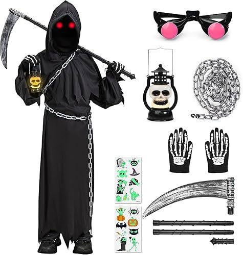Lubolee Déguisement Halloween Enfant,Halloween Costume Faucheuse Enfant Lunettes Avec Lampe CrâNe, Gants, Ceinture Et Lunettes Lumineuses à Led-Deguisement Costume Halloween Enfant Garcon (6-8 ans)