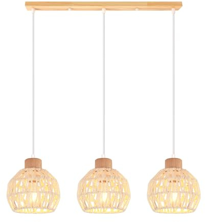 iDEGU 3 Luces Lámpara Colgante Vintage Industrial de Madera y Ratán 16cm Pantalla Lámpara de Techo Estilo Boho LED Iluminación E27 Retro Luz de Araña para Comedor Salón Cafetería (Blanco, Barra)