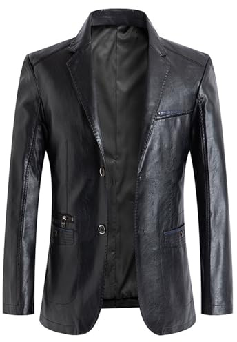 SEMATOMALA Men's Winter Leather Blazer Suit Jacket Notched Collar 2 Button Slim Moto Faux Leather Business Coat Outwear BL-M Black