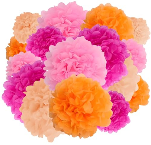 Aihoom Set de 16 Flores de Papel de Seda para Decoración, Pompones en Colores Rosa, Melocotón, Fucsia y Naranja, Ideal para Bodas, Fiestas y Cumpleaños, Tamaños de 5.91 y 7.87