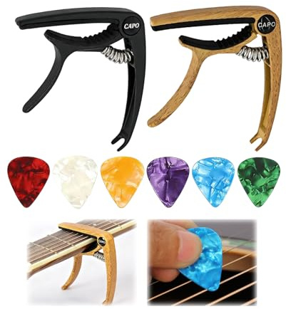 ALONK 2 Stück Kapodaster für Gitarre, Capo Gitarre mit 6 Plektren für Ukulele, Westerngitarre und E-gitarre (schwarz, Hellbraun)