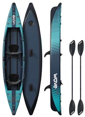 Wave Navigator 3.0 Kayak Inflable - Carcasa rígida DropStitch de 2 plazas con remo, bomba y asiento, estable y portátil para lagos y ríos azul marino