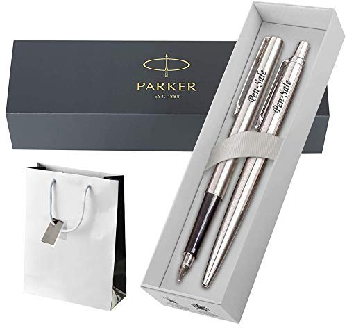 Parker Jotter Ballpoint Pen or Set, Personalised Engraved Gift Boxed In a Gift Bag - Enter Your Custom Text (Jotter Steel Fountain Pen Set)