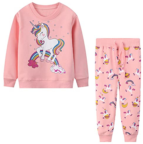 Baogaier Conjuntos Deportivos Niña Chica Chándal Deporte Algodón Unicornio Arcoiris Rosa Mangas Largas Sudaderas Camisa Pulóver Pantalones Ajustable Cinturón Casual Ropa Otoño Invierno Niñas 4-5 años