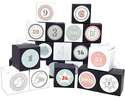 Frau WUNDERVoll® DIY Adventskalender Vorfreude zum Befüllen, Faltschachteln 12x schwarz 12x weiß 7x7x7cm (gefaltet), XL Ziffern pastell/Weihnachten, Aufkleber, Würfelbox, Faltverpackung, Schachteln