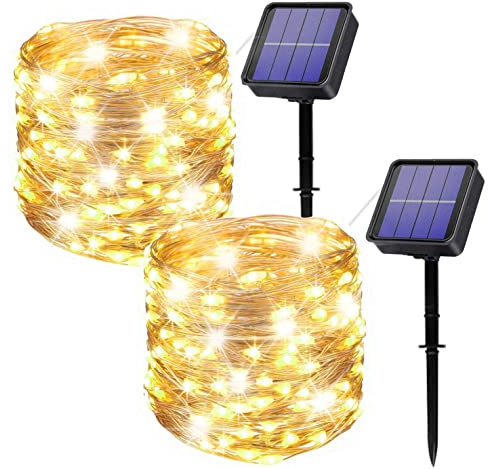 owwasd [2 pezzi Catena luminosa solare per esterni, 14 m, 120 LED, per esterni, resistente alle intemperie, per balcone, alberi, terrazze, matrimoni, feste, giardino (Bianco caldo)