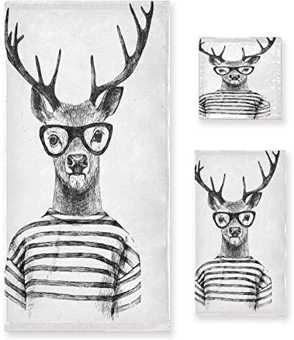 Vnurnrn Cerf Noir Blanc Mignon Ensemble de Serviettes pour Salle de Bain(1 Serviette de Bain,1 Serviette À Main,1 Gant de Toilette) Résistantes Aux Odeurs pour Garçons Filles
