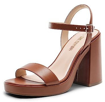 DREAM PAIRS Heels for Women Block Chunky Platform High Heels Open Toe GISELLE Fashion Wedding Party Evening Prom Dance Ankle Strap Dress Pump Sandals Shoes,Size 6,Tan