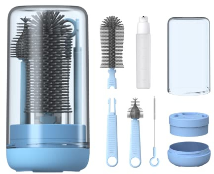 YOTIME Spazzola per biberon, kit di pulizia per biberon da viaggio con spazzola estensibile in silicone, spazzola per la pulizia dei capezzoli, spazzola per cannuccia, dispenser di sapone, tappo