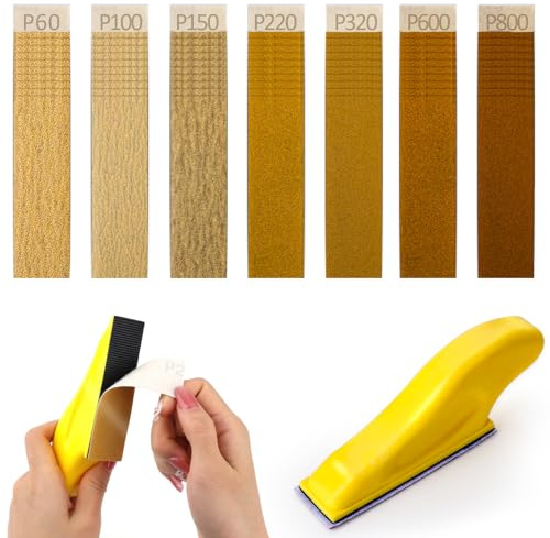 70 Stück Schleifpapier mit Schleifklotz Set, Schleifpapier Holz Schleifblätter Körnung 60/100/150/220/320/600/800 Sandpepier Blatt für Holzhandwerk,9 x 3 mm Handschleifblock für Schleifen und Polieren