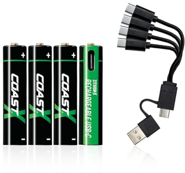 Coast AAA USB-C Rechargeable Batteries, ZITHION-X, Lithium Ion 1.5v 750 mAh, Long Lasting, Charges Under 1.3 Hours, Charging Cable Included, 4-Battery Pack