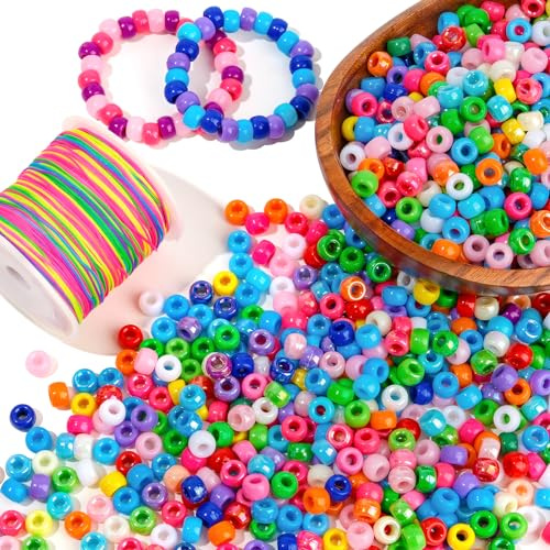 I LOVE MOM 1500pcs Perles Colorées Avec Grand Trou et Fil DIY 24 Couleurs 6x9MM Perles pour Bracelet Bricolage Bijoux Perle Cheveux Tresse Cadeau