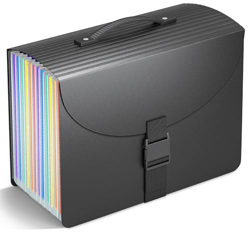 Vanulee Boîte de rangement de fichiers, dossiers de fichiers, boîte de classement extensible pour fichiers A4, factures, reçus, poignée en plastique robuste, support inférieur, 13 poches durables, 2