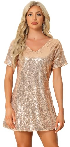 Allegra K Mini Robe à Paillettes Femmes Col en V Manches Courtes Clubwear Robe de Soirée à Sequins Costume d'halloween