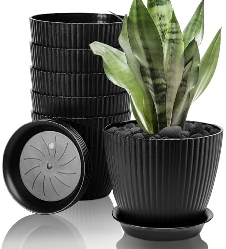FORAGIFT 15cm Plant Pots Indoor, 6 Pack Stripe Grooves Plastic Flower Pots with Drainage Holes and Tray, Modern Decorative Planter Pot for All House Plants, Black