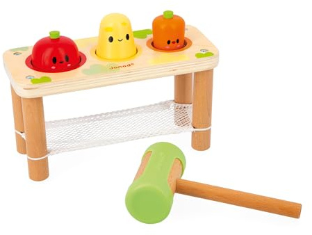 Janod - Taptap Légumes de la Ferme - Jouet d'Éveil Enfant - 3 Légumes du Potager + 1 Maillet - Développe la Motricité Fine - Jouet en Bois FSC - Dès 12 Mois,J03309