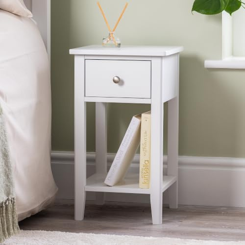 CHRISTOW Slim Bedside Table, Drawer & Shelf, White