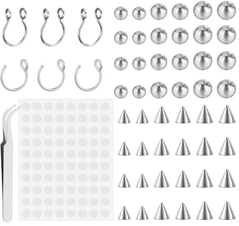 Yolev 54pcs Piercing Balls Fake Eyebrow Rings Nose Lip Labret Studs 3MM 4MM 5MM Steel Color Fake Piercings With Sticker Non-Piercing Nose Rings Hoop Easy to Wear and Remove