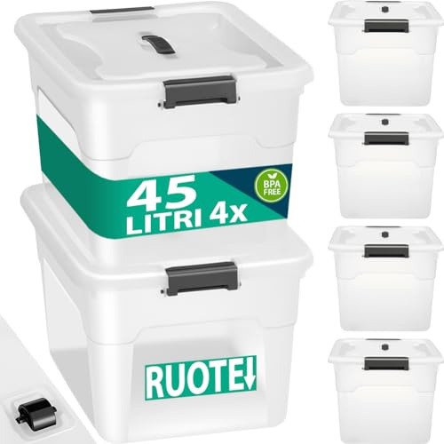 BAKAJI Set 4 Contenitori con Coperchio per Vesiti in Plastica con Ruote, Portaoggetti Impilabile per Stoccaggio Vestiti, Scatole per armadio, Giocattoli, Libri, Salvaspazio (4 x 45 Lt Alto)