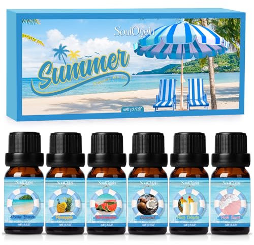 SoulOrigin Summer Essential Oils Set, Fragrance Oil Gift Set for Oil Diffusers, Scented Oils for Soap Candle Making 6x10ml - Sea Breeze, Pineapple, Watermelon, Coconut, Pink Beach, and Pina Colada