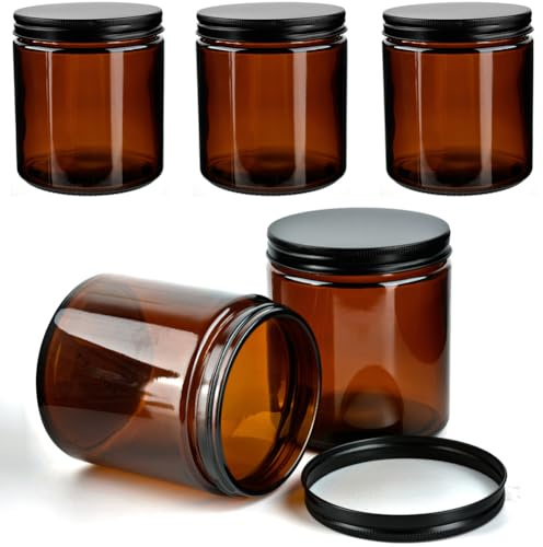 YFZYT Barattoli per crema da riempire (450 ml x 4 pezzi), vetro marrone con tappo a vite, barattolo da farmacia, barattoli a vite con coperchio per crema, oli essenziali e lozioni.