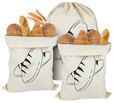 HHXUUAN Sacs à Pain en Lin avec Cordon Serrage Non Blanchi, 3 Pièces Réutilisable Sac a Pain Longue Conservation 30 X 40.5 cm pour Baguette Fruits Légumes