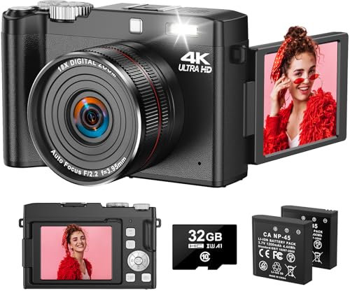 Digitalkamera 4K 64MP Fotokamera mit 180° Flip 2.8 Bildschirm, 18X Autofokus Kompaktkamera mit 32G SD Karte& Zwei Batterien für Kinder Erwachsene Ältere Anfänger