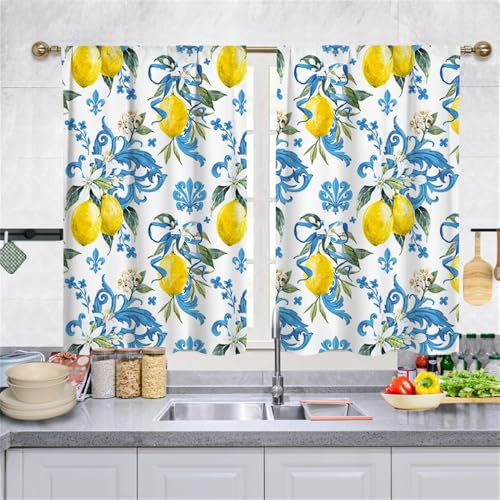 Highdi 2 Piezas Cortinas Cortas Cocina con Bolsillo Media Cortina Pequeña Ventana Dormitorio Translucidas Rustica Bistro para Dormitorio Café Baño (Limón,70 * 100cm)