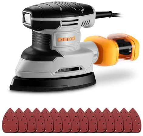 Lijadora Madera: DEKOPRO Lijadora Electrica de 180W, Herramienta de lijadora Orbital, 13000 RPM, Con 15 Hojas de papel de lija - Lijado y pulido de la eliminación de la madera