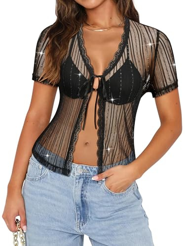 FEMLE Women Sparkly Sheer Mesh Tie Front Y2K Crop Shrug Tops for Dress