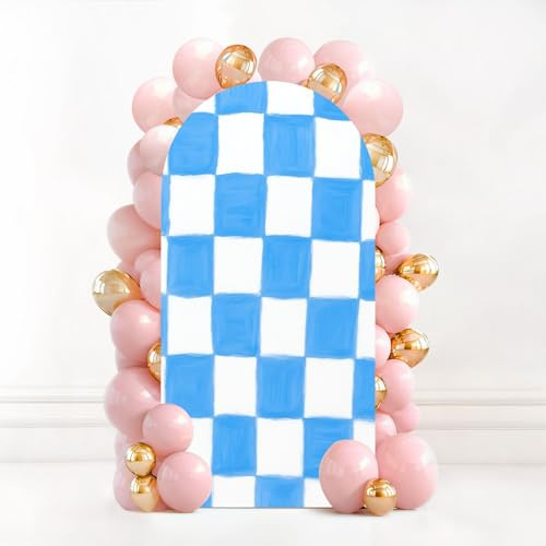 7.2 FT Wedding Arch Backdrop Cover Checkerboard Seamless Blue White Brush Stroke Checkered Print Distress Arch Cover Spandex Fitted Stretchy Background for Baby Shower Party Birthday Graduation