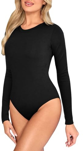Kefiyis Bodysuit Long Sleeve Bodysuits for Women UK Crew Neck Body Suits Thong Body Suit with Snap Stretch Leotard Tops for Going Out Casual Black L