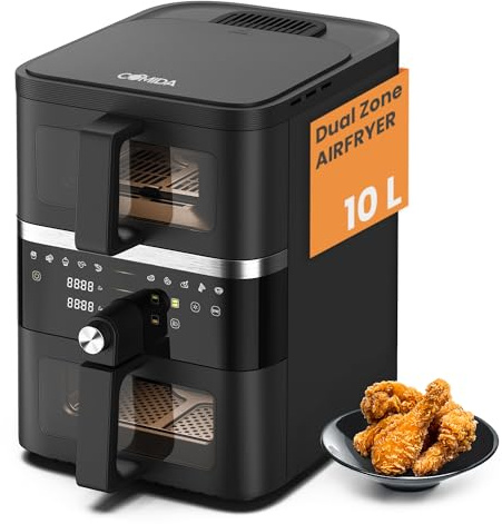 COMIDA Heißluftfritteuse 2 Kammern mit Sichtfenster, 10L Dual Zone Airfryer, platzsparendes Design, 10 Programme und freie Einstellungen, 2500 Watt, 2 Gerichte gleichzeitig fertig
