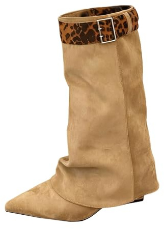 Stivali da donna Slouchy, a mezza altezza, in pelle scamosciata, invernali, caldi, per attività all'aria aperta, invernali, leggeri, per il tempo libero, da cowboy, antivento, Chelsea, cachi, 37 EU