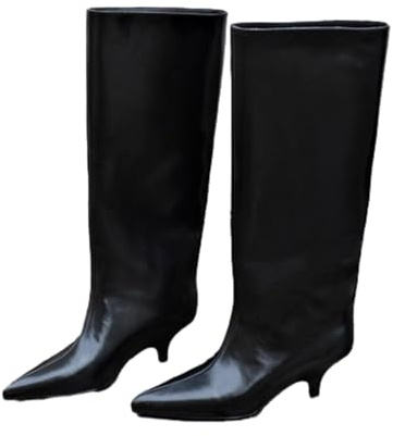 WXDTW Botas altas hasta la rodilla para mujer, botas altas hasta la rodilla con tacón de gatito para mujer, a la moda, informales, puntiagudas, pantorrilla ancha, botas largas, Black, 40.5 EU